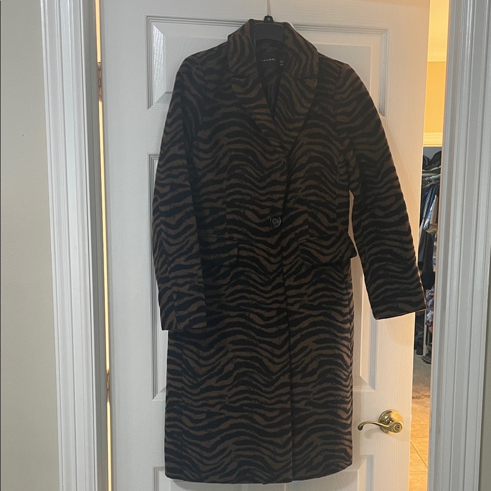 Tahari Brown and Black Zebra Print Trench Coat